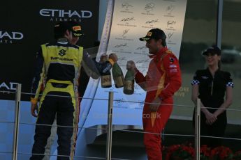 World © Octane Photographic Ltd. Sunday 23rd November 2014. GP2 Race 2 Podium – Abu Dhabi GP - Yas Marina Circuit, United Arab Emirates. Stefano Coletti - Racing Engineering, Felipe Nasr - Carlin and Arthur Pic - Campos Racing. Digital Ref :1170LB1D7171