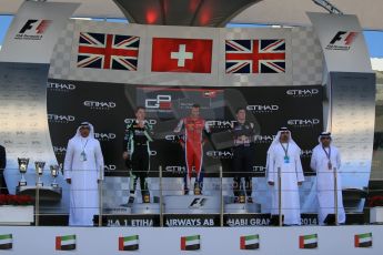 World © Octane Photographic Ltd. Sunday 23rd November 2014. GP3 Race 2 – Abu Dhabi GP Podium - Yas Marina Circuit, United Arab Emirates. Patric Neiderhauser - Arden International, Nick Yelloly – Status Grand Prix and Alex Lynn – Carlin. Digital Ref :1169LB1D6793