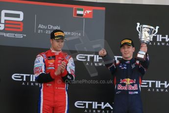 World © Octane Photographic Ltd. Sunday 23rd November 2014. GP3 Race 2 – Abu Dhabi GP Podium - Yas Marina Circuit, United Arab Emirates. Patric Neiderhauser - Arden International and Alex Lynn – Carlin. Digital Ref :1169LB1D6827