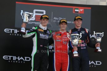 World © Octane Photographic Ltd. Sunday 23rd November 2014. GP3 Race 2 – Abu Dhabi GP Podium - Yas Marina Circuit, United Arab Emirates. Patric Neiderhauser - Arden International, Nick Yelloly – Status Grand Prix and Alex Lynn – Carlin. Digital Ref :1169LB1D6836