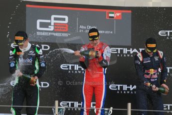 World © Octane Photographic Ltd. Sunday 23rd November 2014. GP3 Race 2 – Abu Dhabi GP Podium - Yas Marina Circuit, United Arab Emirates. Patric Neiderhauser - Arden International, Nick Yelloly – Status Grand Prix and Alex Lynn – Carlin. Digital Ref :1169LB1D6856