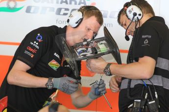 World © Octane Photographic Ltd. Wednesday 26th November 2014. Abu Dhabi Testing - Yas Marina Circuit. Sahara Force India VJM07 being fitted with the Anthony Hamilton designed camera display system. Digital Ref: 1175CB1D9035