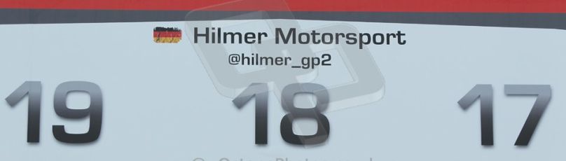 World © Octane Photographic Ltd. 2014 Formula 1 Abu Dhabi Grand Prix, GP3 setup, Thursday 20th November 2014. Hilmer Motorsport garage sign. Digital Ref : 1156CB1D4975