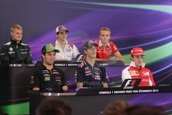 World © Octane Photographic Ltd. Thursday 19th June 2014. Red Bull Ring, Spielberg - Austria - Formula 1 FIA press conference. Caterham F1 Team – Marcus Ericsson, Sauber - Esteban Gutierrez, Marussia F1 Team - Max Chilton, Sahara Force India – Sergio Perez Infiniti Red Bull Racing – Daniel Ricciardo and Scuderia Ferrari - Fernando Alonso. Digital Ref: 0990LB1D0688