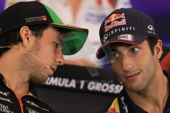 World © Octane Photographic Ltd. Thursday 19th June 2014. Red Bull Ring, Spielberg - Austria - Formula 1 FIA press conference. Sahara Force India – Sergio Perez talks with Infiniti Red Bull Racing – Daniel Ricciardo. Digital Ref: 0990LB1D9273