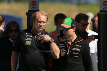 World © Octane Photographic Ltd. Sunday 22nd June 2014. Red Bull Ring, Spielberg – Austria - Formula 1 Paddock. Sahara Force India - Deputy Team Principle Robert Fernley and Sergio Perez. Digital Ref : 0998LB1D3892
