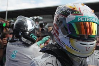 World © Octane Photographic Ltd. Sunday 22nd June 2014. Red Bull Ring, Spielberg - Austria - Formula 1 Parc Ferme. Mercedes AMG Petronas F1 W05 Hybrid – Lewis Hamilton and Nico Rosberg. Digital Ref: 1001LB1D1860