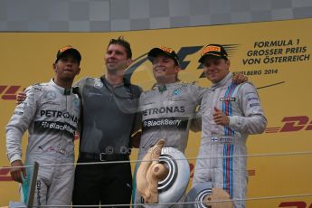 World © Octane Photographic Ltd. Sunday 22nd June 2014. Red Bull Ring, Spielberg - Austria - Formula 1 Podium. Mercedes AMG Petronas - Nico Rosberg and Lewis Hamilton plus Williams Martini Racing - Valtteri Bottas. Digital Ref: 1001LB1D6026