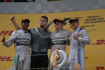 World © Octane Photographic Ltd. Sunday 22nd June 2014. Red Bull Ring, Spielberg - Austria - Formula 1 Podium. Mercedes AMG Petronas - Nico Rosberg and Lewis Hamilton plus Williams Martini Racing - Valtteri Bottas. Digital Ref: 1001LB1D6033