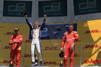 World © Octane Photographic Ltd. Sunday 22nd June 2014. GP2 Race 2 Podium – Red Bull Ring, Spielberg - Austria. Johnny Cecotto - Trident with Stefano Coletti and Raffaele Marciello - Racing Engineering and . Digital Ref : 0999LB1D4373