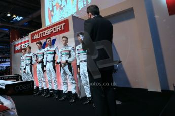 World © Octane Photographic Ltd. Autosport International Show NEC
Birmingham, Thursday 9th January 2014. BRDC McLaren Autosport Young Driver of the Year finalists. Jack Aitken, Jake Hughes, Chris Middlehurst, Seb Morris, Matt Parry (winner 2013) and Charlie Robertson. Digital ref: 0878lb1d9222