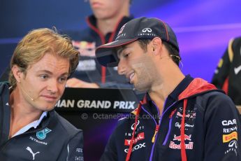 World © Octane Photographic Ltd. Thursday 21st August 2014. Belgian GP, Spa-Francorchamps - Formula 1 FIA Press Conference. Infiniti Red Bull Racing - Daniel Ricciardo talking with Mercedes AMG Petronas - Nico Rosberg. Digital Ref: 1078LB1D6443