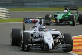 World © Octane Photographic Ltd. Friday 22nd August 2014, Belgian GP, Spa-Francorchamps. - Formula 1 Practice 1. Williams Martini Racing FW36 – Valtteri Bottas and Caterham F1 Team CT05 – Andre Lotterer. Digital Ref: 1079LB1D6481