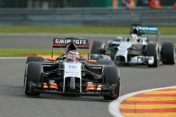 World © Octane Photographic Ltd. Friday 22nd August 2014, Belgian GP, Spa-Francorchamps. - Formula 1 Practice 1. Sahara Force India VJM07 – Nico Hulkenburg and Mercedes AMG Petronas F1 W05 Hybrid – Lewis Hamilton. Digital Ref : 1079LB1D6555