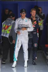 World © Octane Photographic Ltd. Saturday 23rd August 2014, Belgian GP, Spa-Francorchamps. - Formula 1 Qualifying Parc Ferme. Mercedes AMG Petronas – Lewis Hamilton and Infiniti Red Bull Racing - Sebastian Vettel. Digital Ref: 1085LB1D0258