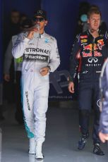 World © Octane Photographic Ltd. Saturday 23rd August 2014, Belgian GP, Spa-Francorchamps. - Formula 1 Qualifying Parc Ferme. Mercedes AMG Petronas – Lewis Hamilton and Infiniti Red Bull Racing - Sebastian Vettel. Digital Ref: 1085LB1D0262