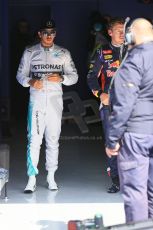 World © Octane Photographic Ltd. Saturday 23rd August 2014, Belgian GP, Spa-Francorchamps. - Formula 1 Qualifying Parc Ferme. Mercedes AMG Petronas – Lewis Hamilton and Infiniti Red Bull Racing - Sebastian Vettel. Digital Ref: 1085LB1D0268