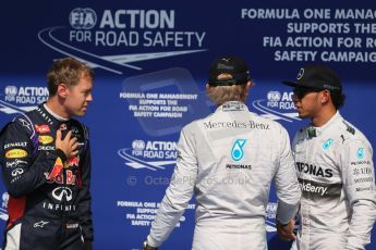 World © Octane Photographic Ltd. Saturday 23rd August 2014, Belgian GP, Spa-Francorchamps. - Formula 1 Qualifying Parc Ferme. Mercedes AMG Petronas – Nico Rosberg and Lewis Hamilton and Infiniti Red Bull Racing - Sebastian Vettel. Digital Ref: 1085LB1D0273