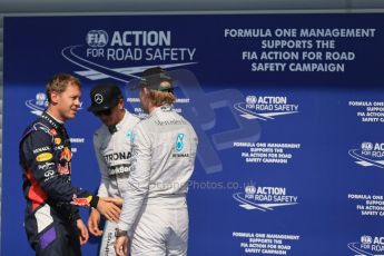 World © Octane Photographic Ltd. Saturday 23rd August 2014, Belgian GP, Spa-Francorchamps. - Formula 1 Qualifying Parc Ferme. Mercedes AMG Petronas – Nico Rosberg and Lewis Hamilton and Infiniti Red Bull Racing - Sebastian Vettel. Digital Ref: 1085LB1D0280