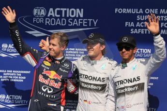 World © Octane Photographic Ltd. Saturday 23rd August 2014, Belgian GP, Spa-Francorchamps. - Formula 1 Qualifying Parc Ferme. Mercedes AMG Petronas – Nico Rosberg and Lewis Hamilton and Infiniti Red Bull Racing - Sebastian Vettel. Digital Ref: 1085LB1D0294