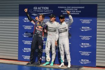 World © Octane Photographic Ltd. Saturday 23rd August 2014, Belgian GP, Spa-Francorchamps. - Formula 1 Qualifying Parc Ferme. Mercedes AMG Petronas – Nico Rosberg and Lewis Hamilton and Infiniti Red Bull Racing - Sebastian Vettel. Digital Ref: 1085LB1D0300