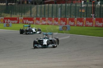 World © Octane Photographic Ltd. Sunday 24th August 2014, Belgian GP, Spa-Francorchamps. - Formula 1 Race. Mercedes AMG Petronas F1 W05 Hybrid - Nico Rosberg followed by team mate Lewis Hamilton during green flag lap. Digital Ref: 1090LB1D1636