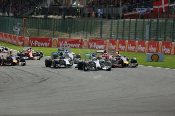 World © Octane Photographic Ltd. Sunday 24th August 2014, Belgian GP, Spa-Francorchamps. - Formula 1 Race. Mercedes AMG Petronas F1 W05 Hybrid – Lewis Hamilton leads on race start. Digital Ref: 1090LB1D1682