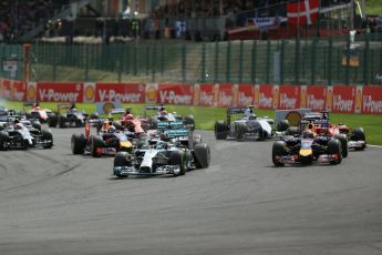 World © Octane Photographic Ltd. Sunday 24th August 2014, Belgian GP, Spa-Francorchamps. - Formula 1 Race. Mercedes AMG Petronas F1 W05 Hybrid – Lewis Hamilton leads on race start. Digital Ref: 1090LB1D1689