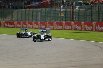 World © Octane Photographic Ltd. Sunday 24th August 2014, Belgian GP, Spa-Francorchamps. - Formula 1 Race. Mercedes AMG Petronas F1 W05 Hybrid - Lewis Hamilton followed by team mate Nico Rosberg. Digital Ref: 1090LB1D1753