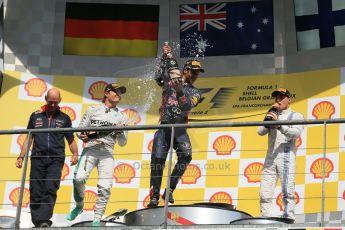World © Octane Photographic Ltd. Sunday 24th August 2014, Belgian GP, Spa-Francorchamps. - Formula 1 Race Podium. Infiniti Red Bull Racing RB10 – Daniel Ricciardo, Mercedes AMG Petronas F1 W05 Hybrid - Nico Rosberg and Williams Martini Racing FW36 – Valtteri Bottas. Digital Ref: 1091LB1D2387