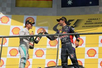 World © Octane Photographic Ltd. Sunday 24th August 2014, Belgian GP, Spa-Francorchamps. - Formula 1 Race Podium. Infiniti Red Bull Racing RB10 – Daniel Ricciardo and Mercedes AMG Petronas F1 W05 Hybrid - Nico Rosberg. Digital Ref: 1091LB1D2451