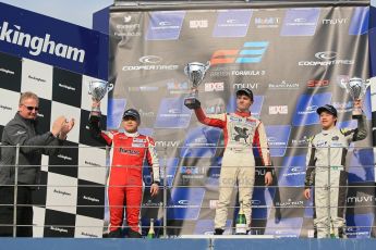 World © Octane Photographic Ltd. Cooper Tyres British Formula 3 (F3). Rockingham - Race, Sunday 4th May 2014. Dallara F312 Mercedes HWA – Sam Macleod (1st) & Hong Wei “Martin” Cao (2nd) – Fortec Motorsports and Andy Chang (3rd) Double R Racing. Digital Ref : 0921lb1d2684