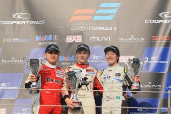 World © Octane Photographic Ltd. Cooper Tyres British Formula 3 (F3). Rockingham - Race, Sunday 4th May 2014. Dallara F312 Mercedes HWA – Sam Macleod (1st) & Hong Wei “Martin” Cao (2nd) – Fortec Motorsports and Andy Chang (3rd) Double R Racing. Digital Ref : 0921lb1d2696