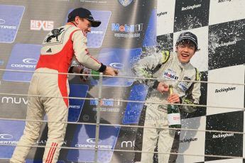 World © Octane Photographic Ltd. Cooper Tyres British Formula 3 (F3). Rockingham - Race, Sunday 4th May 2014. Dallara F312 Mercedes HWA – Sam Macleod (1st)  – Fortec Motorsports and Andy Chang (3rd)  – Double R Racing. Digital Ref : 0921lb1d2710