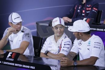 World © Octane Photographic Ltd. Thursday 3rd July 2014. FIA F1 Press Conference, Silverstone, UK. McLaren Mercedes - Jenson Button, Mercedes AMG Petronas – Lewis Hamilton and Williams Martini Racing – Felipe Massa. Digital Ref: 1006LB1D2017
