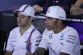 World © Octane Photographic Ltd. Thursday 3rd July 2014. FIA F1 Press Conference, Silverstone, UK. Mercedes AMG Petronas – Lewis Hamilton and Williams Martini Racing – Felipe Massa. Digital Ref: 1006LB1D2025