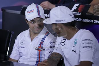 World © Octane Photographic Ltd. Thursday 3rd July 2014. FIA F1 Press Conference, Silverstone, UK. Mercedes AMG Petronas – Lewis Hamilton and Williams Martini Racing – Felipe Massa. Digital Ref: 1006LB1D2046
