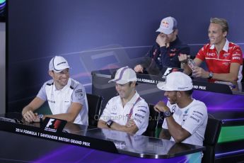 World © Octane Photographic Ltd. Thursday 3rd July 2014. FIA F1 Press Conference, Silverstone, UK. McLaren Mercedes - Jenson Button, Mercedes AMG Petronas – Lewis Hamilton and Williams Martini Racing – Felipe Massa. Digital Ref: 1006LB1D2070