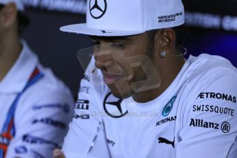 World © Octane Photographic Ltd. Thursday 3rd July 2014. FIA F1 Press Conference, Silverstone, UK. Mercedes AMG Petronas – Lewis Hamilton. Digital Ref: 1006LB1D6682