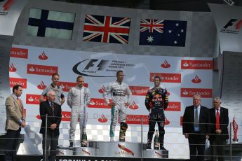 World © Octane Photographic Ltd. Saturday 5th July 2014. British GP, Silverstone, UK. - Formula 1 Podium. Mercedes AMG Petronas F1 W05 Hybrid – Lewis Hamilton (1st), Williams Martini Racing FW36 – Valtteri Bottas (2nd) and Infiniti Red Bull Racing RB10 – Daniel Ricciardo (3rd). Digital Ref: 1027LB1D1772