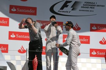 World © Octane Photographic Ltd. Saturday 5th July 2014. British GP, Silverstone, UK. - Formula 1 Podium. Mercedes AMG Petronas F1 W05 Hybrid – Lewis Hamilton (1st) and Williams Martini Racing FW36 – Valtteri Bottas (2nd). Digital Ref: 1027LB1D1867