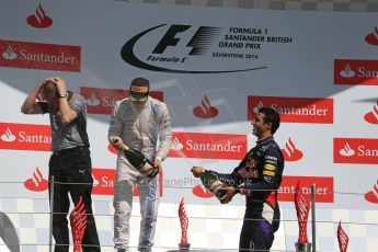 World © Octane Photographic Ltd. Saturday 5th July 2014. British GP, Silverstone, UK. - Formula 1 Podium. Mercedes AMG Petronas F1 W05 Hybrid – Lewis Hamilton (1st) and Infiniti Red Bull Racing RB10 – Daniel Ricciardo (3rd). Digital Ref: 1027LB1D1877