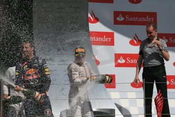 World © Octane Photographic Ltd. Saturday 5th July 2014. British GP, Silverstone, UK. - Formula 1 Podium. Mercedes AMG Petronas F1 W05 Hybrid – Lewis Hamilton (1st), Williams Martini Racing FW36 – Valtteri Bottas (2nd), Infiniti Red Bull Racing RB10 – Daniel Ricciardo (3rd). Digital Ref: 1027LB1D1880