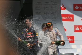 World © Octane Photographic Ltd. Saturday 5th July 2014. British GP, Silverstone, UK. - Formula 1 Podium. Mercedes AMG Petronas F1 W05 Hybrid – Lewis Hamilton (1st), Williams Martini Racing FW36 – Valtteri Bottas (2nd), Infiniti Red Bull Racing RB10 – Daniel Ricciardo (3rd). Digital Ref: 1027LB1D1886