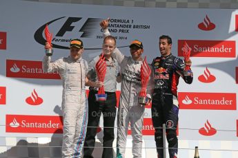 World © Octane Photographic Ltd. Saturday 5th July 2014. British GP, Silverstone, UK. - Formula 1 Podium. Mercedes AMG Petronas F1 W05 Hybrid – Lewis Hamilton (1st), Williams Martini Racing FW36 – Valtteri Bottas (2nd), Infiniti Red Bull Racing RB10 – Daniel Ricciardo (3rd). Digital Ref: 1027LB1D1950