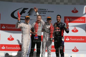 World © Octane Photographic Ltd. Saturday 5th July 2014. British GP, Silverstone, UK. - Formula 1 Podium. Mercedes AMG Petronas F1 W05 Hybrid – Lewis Hamilton (1st), Williams Martini Racing FW36 – Valtteri Bottas (2nd), Infiniti Red Bull Racing RB10 – Daniel Ricciardo (3rd). Digital Ref: