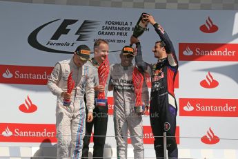 World © Octane Photographic Ltd. Saturday 5th July 2014. British GP, Silverstone, UK. - Formula 1 Podium. Mercedes AMG Petronas F1 W05 Hybrid – Lewis Hamilton (1st), Williams Martini Racing FW36 – Valtteri Bottas (2nd), Infiniti Red Bull Racing RB10 – Daniel Ricciardo (3rd). Digital Ref: