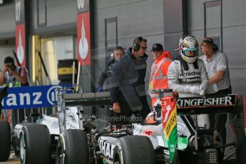 World © Octane Photographic Ltd. Saturday 5th July 2014. British GP, Silverstone, UK. - Formula 1 Qualifying Parc Ferme. Mercedes AMG Petronas F1 W05 Hybrid – Lewis Hamilton and Sahara Force India VJM07 – Nico Hulkenburg. Digital Ref: 1018LB1D0181