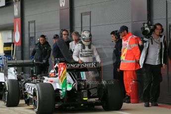 World © Octane Photographic Ltd. Saturday 5th July 2014. British GP, Silverstone, UK. - Formula 1 Qualifying Parc Ferme. Mercedes AMG Petronas F1 W05 Hybrid – Lewis Hamilton and Sahara Force India VJM07 – Nico Hulkenburg. Digital Ref: 1018LB1D0187