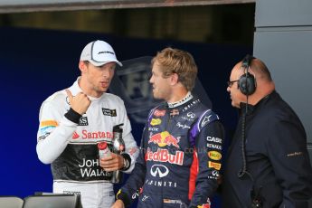 World © Octane Photographic Ltd. Saturday 5th July 2014. British GP, Silverstone, UK. - Formula 1 Qualifying Parc Ferme. Infiniti Red Bull Racing RB10 - Sebastian Vettel (2nd) and McLaren Mercedes MP4/29 - Jenson Button (3rd). Digital Ref: 1018LB1D0346